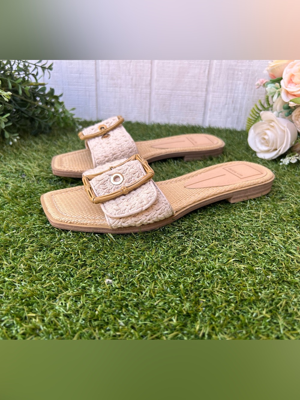 Dolce vita Woven decorative bamboo Buckle Slide Sandals in Cream size 7 new - Picture 6 of 11